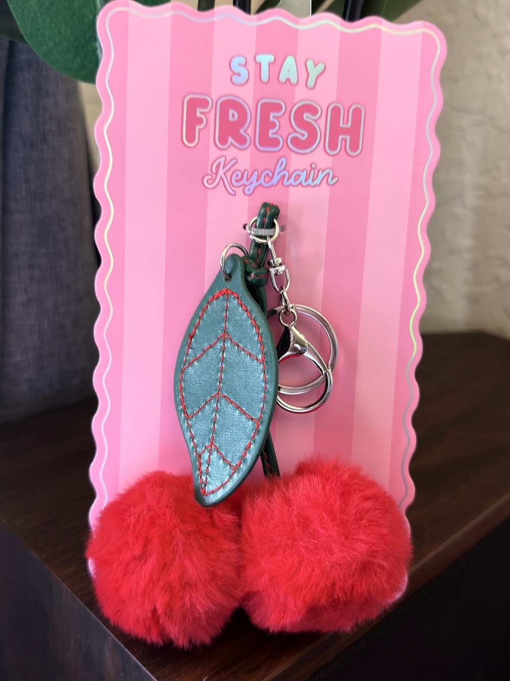 Stay Fresh Red Pom Pom Leaf Keychain